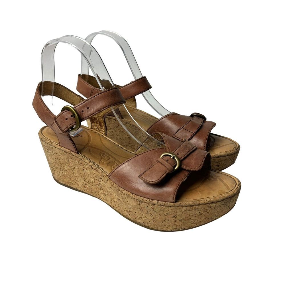 BOC Born Concepts Womens Brown Leather Slingback Cork Wedge Sandals Shoes 9 40.5